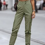 Resim Kadınların Şık Düz Renk Siyah Kargo Pantolonu - Yüksek Bel, Çoklu Cep Tasarımı, Dar Kesim, Polyester Kumaş, Günlük veya Vintage Kıyafetler İçin Mükemmel, Bayan Pantolon 