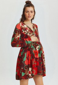 Resim Dantel Detaylı Bohem Hamile Elbise Kırmızı - M/L 