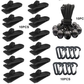 Resim Kamp, Tente, Gölgelik Ve Karavanlar İçin 30'lu Çadır Branda Kelepçesi, 10 Ağır Hizmet Tipi Branda Kelepçesi, 10 Çadır Kauçuk Kayışı, 10 Karabina 