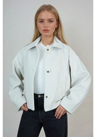 Resim Oversize Desenli Kadın Kısa Kaşe Kaban Bej 