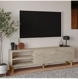 Resim İnarch Dizayn River 150 Cm Modern Tv Sehpası Kapaklı Ve Raflı Tasarım Traverten 