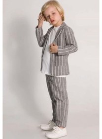 Resim Mutlu Bebe Ceketli 3 Lü Erkek Çocuk Takım Elbise Keten Pamuklu Ceket Pantalon Tişört Gri 