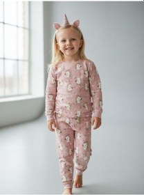 Resim Kız Çocuk Pamuklu Baskılı Pijama Takımı-16834 Mor 