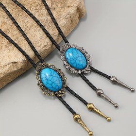 Resim 1 adet Moda Turkuaz Bolo Kravat Ayarlanabilir Batı Kowboy ve Kızılderili Tasarımı - Dayanıklı Non-Textile Malzeme, Erkekler ve Kadınlar için İdeal, Şık Aksesuar|Dekoratif Bolo Kravat|Ayarlanabilir Uzunluk Kravat, Bolo Kravat Aksesuarları 