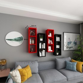 Resim Duvar Rafı Kitaplık Ofis Siyah Kırmızı 4 Lü Karışık Takım Siyah Kırmızı 