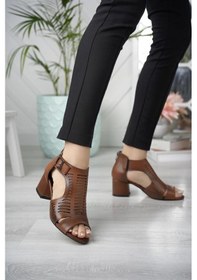 Resim Taba Renk Lazer Kesim Kalın Topuk Kadın Sandalet Taba 