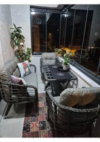 Resim Kartepe Galvaniz Boru 2 1 1 Sehpa 60 90 Rattan Bahçe Balkon Takımı,gri Rattan/gri Kumaş Gri Rattan / Gri Kumaş 