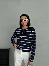 Resim Kadın Gold Düğmeli Çizgili Yumoş Triko Hırka Lacivert 