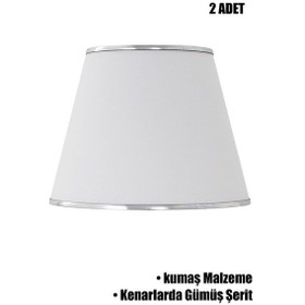 Resim Beyaz Gümüş Şeritli İkili Modern Abajur Şapkası Beyaz 