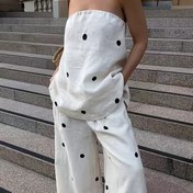 Resim 2025 Kadınlar İçin Yeni Puantiyeli Camisole ve Geniş Paça Pantolon Takımı, Yırtmaçlı Arka Tasarımıyla Şık Stil 