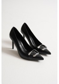 Resim Corine Kadın Siyah Metal Aksesuarlı Sivri Burun Yüksek İnce Topuklu Ayakkabı Stiletto 9 Cm Siyah 