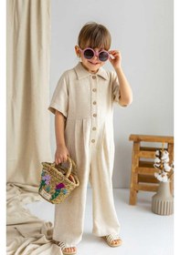 Resim Oliven The Kid Oliventhekid Bej Naturel Keten Önden Düğmeli Beli Pileli Kısa Kol Kız Çocuk Tulum Bej Bej 