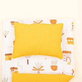Resim Alt Açma Matı ve Yastık - Çift Taraflı - Hardal Petek - Sarı Ev 