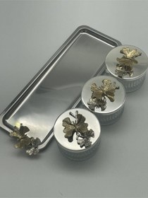 Resim Elysia Gümüş 3'lü Çerezlik,sunumluk Ve Baharatlık Dikdörtgen Tepsili Cam Kase Gümüş 