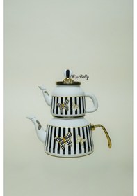 Resim Papillon Emaye Çaydanlık Dekoratif Vintage Çaydanlık Takımı Beyaz - Siyah 