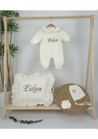 Resim Gros Shop Müslin Yeni Doğan 4katlı Organik %100pamuk Kişiye Özgü Nakışlı Hastane Çıkış Seti Papatya Model-9 Ekru-1 