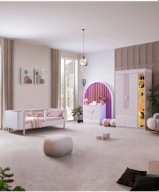 Resim Vira Çocuk Odası Takımı, Vira 2 Kapaklı Dolap, Perla Karyola, Şifonyer, Kitaplık - Pembe Beyaz 