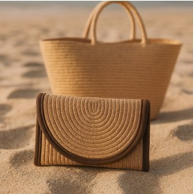 Resim Efuliz Home Handmade El Geçirme Detaylı Jüt Hasır Çanta, Zarf Portföy Bambu-Hasır Renk Clutch Çanta. 