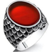 Resim 925 Ayar Gümüş Pul Desen Düz Akik Taşlı Erkek Yüzük 