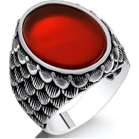 Resim 925 Ayar Gümüş Pul Desen Düz Akik Taşlı Erkek Yüzük 