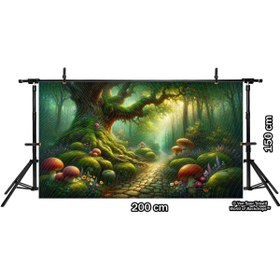 Resim Venspor Büyülü Orman Temalı Arkaplan, Dev Mantarlar ve Çiçekler ile 200x150cm Fon, Duvar Örtüsü 
