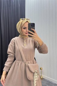 Resim Neşeli Butik kadın bej gold düğmeli çanta detaylı tam boy tesettür elbise NMS077 