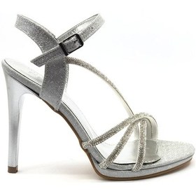 Resim Feles Şerit Taş Detaylı 11 Cm Topuklu Kadın Abiye Ayakkabı Gümüş 