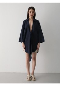 Resim Laluvia Lacivert Flam Keten Kimono Gömlek Lacivert 