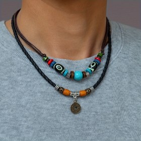 Resim Bohem Tarzı Erkekler İçin Çift Katmanlı Örgülü Suni Deri Kolye, Vintage Bronz Para & Çiçek Boncuk Kolye Ucu - Siyah, Manyetik Olmayan, Rustik, Toprak Tonlu Bir Görünüm İçin, Bohem Takı 