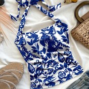 Resim Kadınlar İçin Vintage Mavi & Beyaz Desenli Halter Yaka Üst - Ayarlanabilir Bağcıklı, Hafif ve Nefes Alabilen Yazlık Plaj Giyimi, Makinede Yıkanabilir Şık Günlük Üstler, Vintage Tasarım, Dijital Baskılı Kumaş 