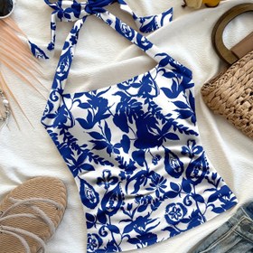 Resim Kadınlar İçin Vintage Mavi & Beyaz Desenli Halter Yaka Üst - Ayarlanabilir Bağcıklı, Hafif ve Nefes Alabilen Yazlık Plaj Giyimi, Makinede Yıkanabilir Şık Günlük Üstler, Vintage Tasarım, Dijital Baskılı Kumaş 