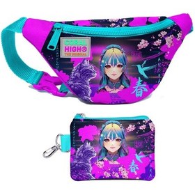 Resim Coral High Kız Çocuk Mor Pembe Anime Kedi Desenli Bel Çantası Ve Bozuk Para Cüzdanı Set Çok Renkli 
