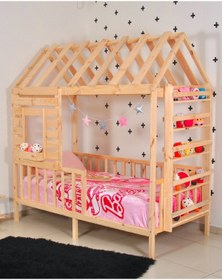 Resim MiniWood Montessori Yatak Çocuk Yatak Raf Çatılı Doğal Çam 90x190 Menekşe 