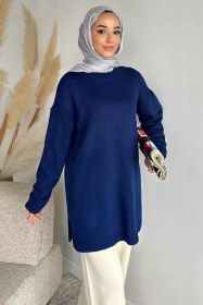 Resim Gülseli Bisiklet Yaka Yırtmaçlı Tesettür Triko Tunik Lacivert TZL-P-00020085 