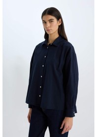 Resim DeFacto Oversize Geniş Kalıp Poplin Basic Düz Uzun Kollu Gömlek E2677AX24WNNV245 Lacivert 