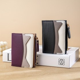 Resim Kadınlar için Kısa Bifold Cüzdan, Yaratıcı Fermuarlı, Çok Renkli Yama, Madeni Para ve Kart Tutucu, Modaya Uygun Basit Karşıtlık Renk 