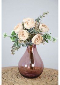 Resim Yapay Çiçek Ara Dallı Yassı Şakayık Gül Buketi 30 Cm Ekru 