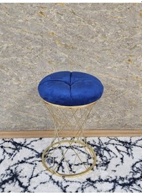 Resim Zafir Yuvarlak Gold Kaplama Puf Oturak - Bench - Ayak Ucu Oturak - Tabure - Makyaj Oturak Mavi 