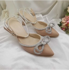 Resim LİNEER Kadın Ten Rengi 7 Cm Kadeh Topuklu Taşlı Fiyonklu Stiletto Gelin Ayakkabısı 