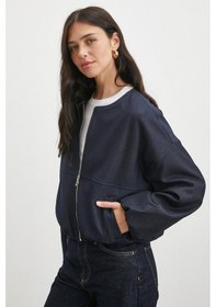 Resim Beli Lastikli Fermuarlı Denim Görünümlü Bomber Ceket Lacivert Lacivert 