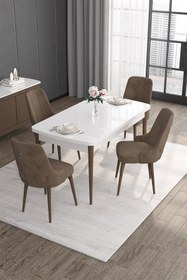 Resim Canisa Concept Noa Serisi 80x132 Açılabilir Mdf Masa Beyaz Ceviz Ayak Mutfak Masası Takımı 4 Kahve Sandalye 