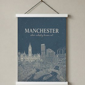 Resim Manchester Line Art Print - Slate Blue Town Hall Industrial Skyline Wall Art - With Hanger - White / 20 x 28" (50x70 cm) 