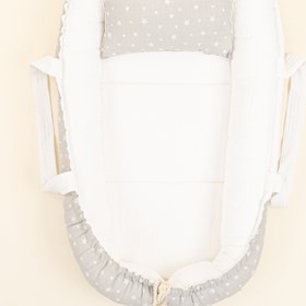 Resim Babynest ve Yastık - Çift Taraflı - Beyaz Waffle - Gri Minik Yıldızlar 