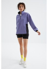 Resim Tommy Life Açık Eflatun Yarım Fermuar Etek Ucu Büzgülü Dik Yaka Oversize Kadın Polar Sweatshirt - 97236 Eflatun 