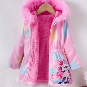 Resim Kız Çocuk Kapüşonlu Kışlık Mont - Uzun, Resmi ve Günlük Dış Giyim, Fermuarlı, Yumuşak Pembe Unicorn Baskılı Ceket, Doğum Günü Partileri, Okul, Günlük Kullanım İçin - Kız Çocuklar İçin Sıcak Soğuk Hava Giyim, Okul Kombini, Eğlenceli Tasarım, Peluş Astar, Çocuk Modası 
