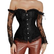 Resim Elegant Black Lace Corset Top with One-Shoulder Neckline and Long Sleeves - Balık Kemeri Bel, Toplu Karın, Göğüs Desteği, Ön Düğme Kapanışı ve Arka Bağlama, Akşam Partileri ve Festivaller için Mükemmel, Akşam Giyimi | Dantel Korse Üstü | Dantel Kumaş 
