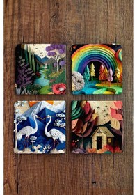 Resim Doğal Taş Bardak Altlığı Baskılı 4'lü Set Çok Renkli 