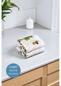 Resim 2li Paket Baskılı Beyaz Mutfak Havlusu Modeli Zeytin 