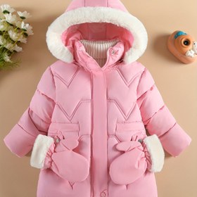 Resim Kızın Rahat Düz Renk Uzun Kollu Sıcak Kapüşonlu Ceket, Cep ve Eldivenlerle, Dış Mekanlar, Sonbahar ve Kış İçin En İyi Seçenek 