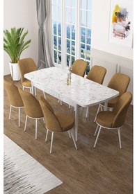 Resim Canisa Concept Zen Serisi 80x132 Mdf Açılabilir Beyaz Mermer Desen Masa Takımı Ve 8 Cappucino Sandalye Masa Beyaz/sandalye Cappıcıno 
